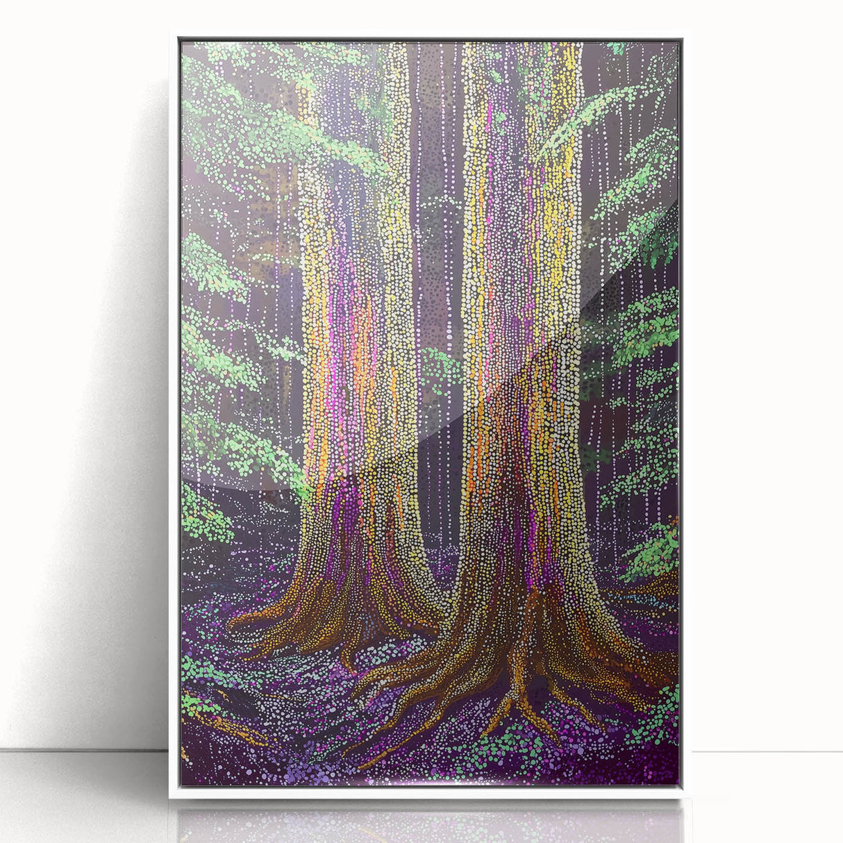 Framed acrylic artwork showcasing an abstract floral design with vibrant colors, set against a white background, ideal for modern home decor. Perfect for adding a touch of elegance to living spaces.