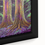 Close-up of a vibrant abstract floral framed canvas, showcasing intricate brushstrokes in shades of blue, pink, and gold, perfect for modern home decor.