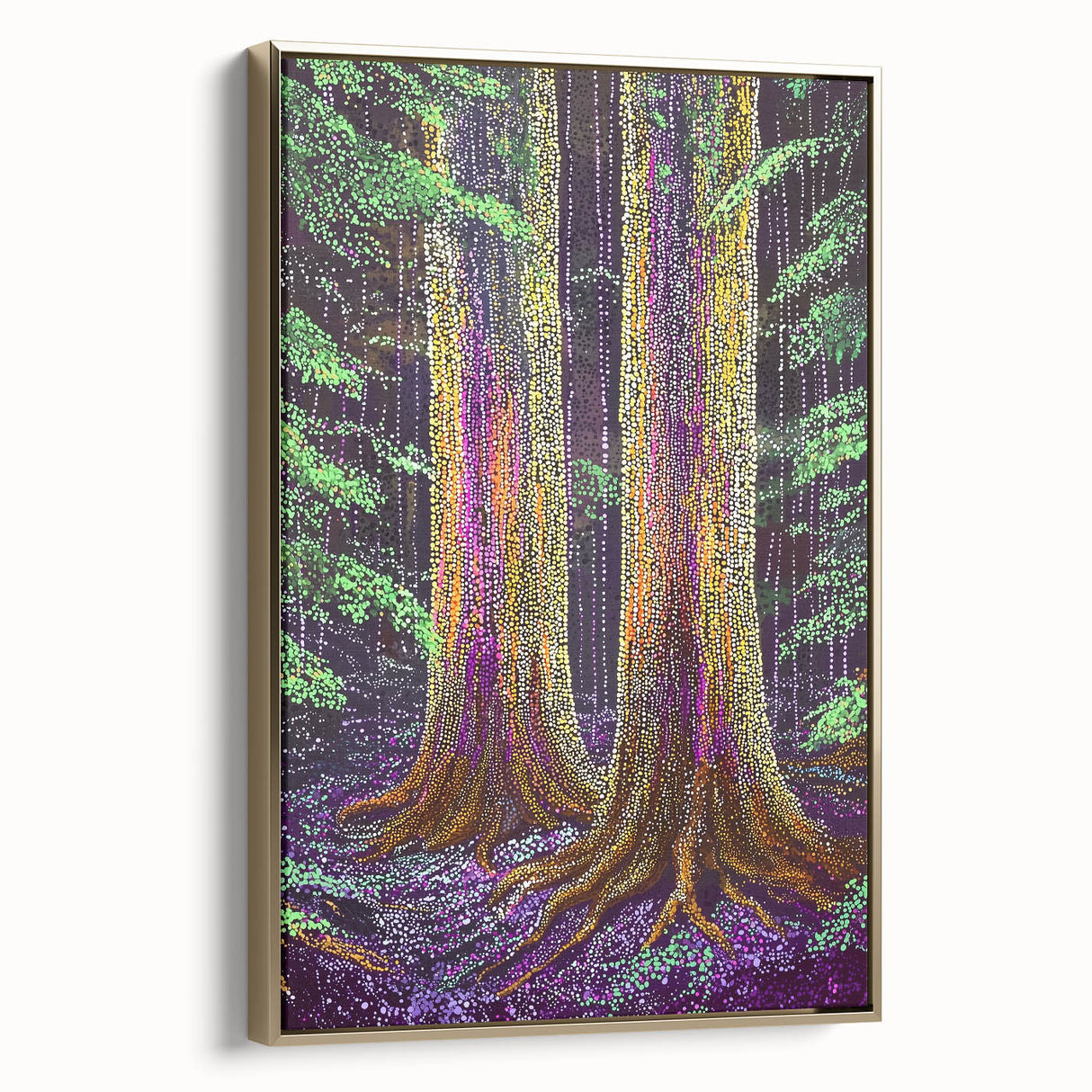 Abstract floral artwork displayed in a gold frame, showcasing vibrant colors and intricate patterns, perfect for modern home decor and artistic aesthetics.