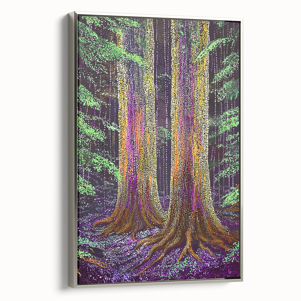 Framed abstract floral canvas artwork with a silver frame, showcasing vibrant colors and intricate designs, ideal for enhancing modern home decor.
