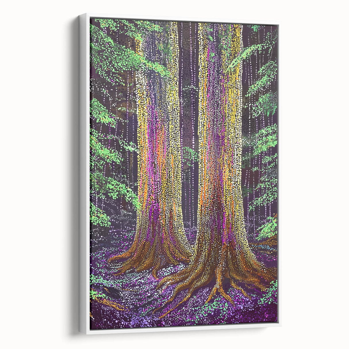 Framed canvas artwork showcasing an abstract floral design with vibrant colors, displayed in a stylish white frame, perfect for modern home decor.