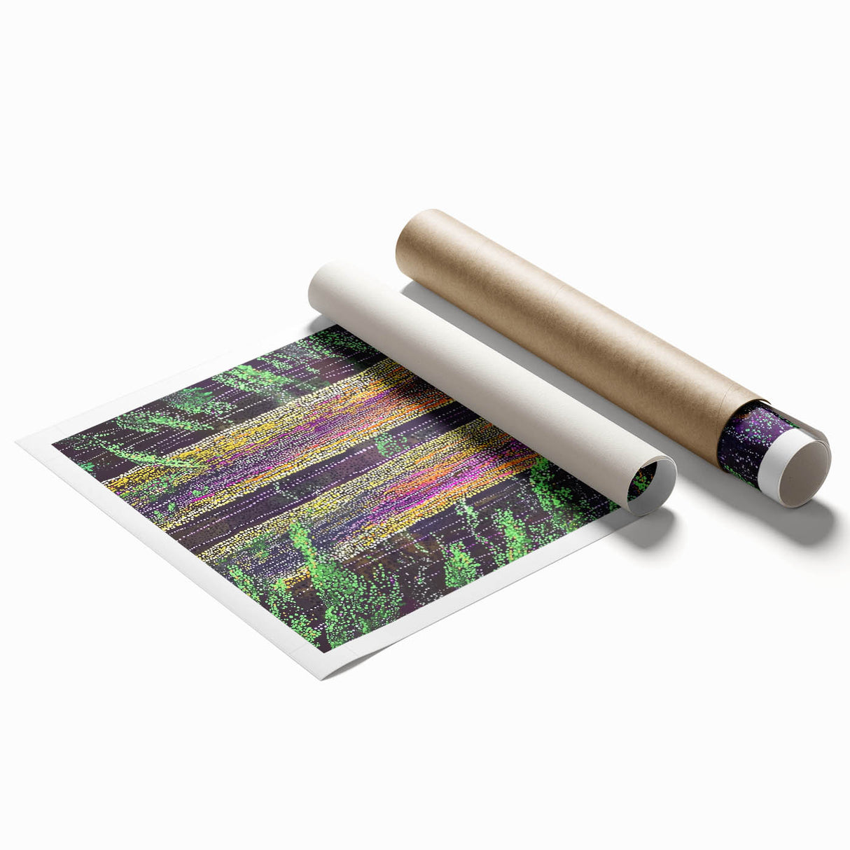 Colorful abstract floral design on rolled canvas print, showcasing vibrant hues of pink, blue, and green, ideal for modern home decor. Packaged securely in a sturdy cardboard tube for safe delivery.