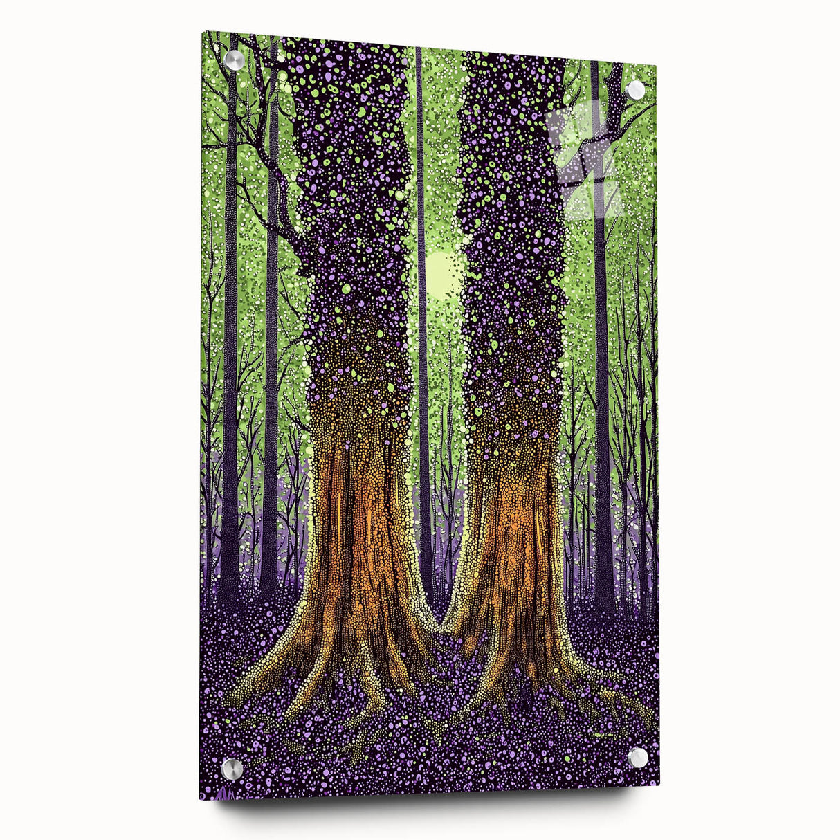 Abstract floral design on acrylic glass art piece, showcasing vibrant colors and intricate patterns, displayed from a side view with decorative pins. Perfect for modern home decor.