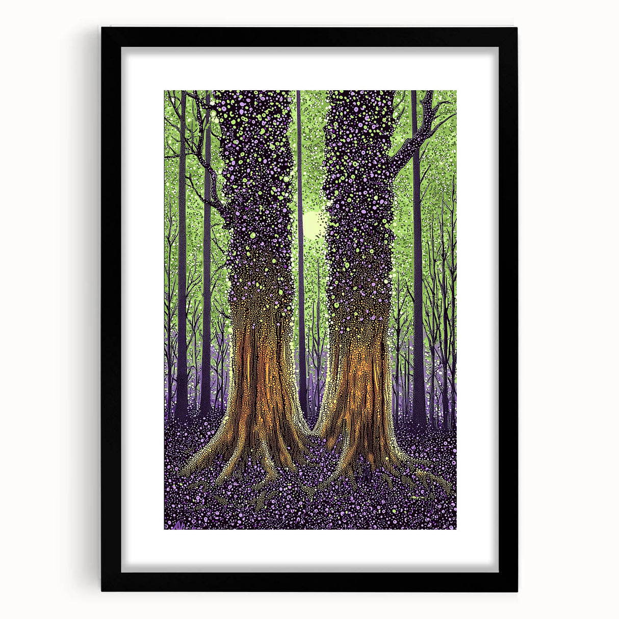 Abstract floral frame artwork with a black mat and elegant design, showcasing vibrant colors and intricate patterns, perfect for home decor or gallery display.