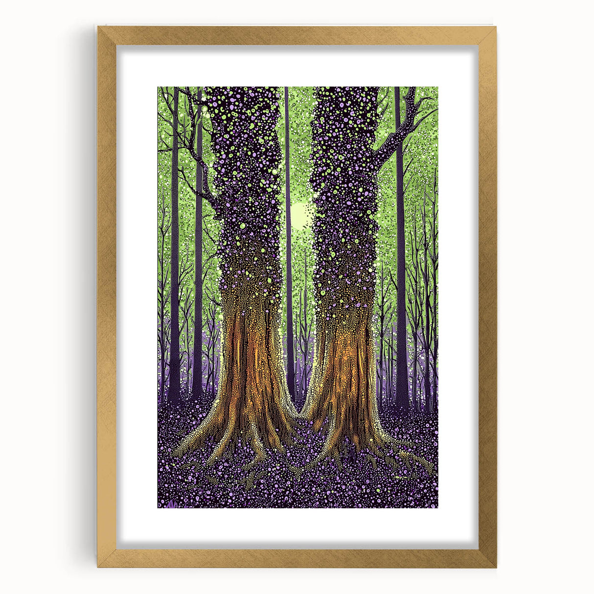 Abstract floral frame artwork in gold with a mat border, showcasing vibrant colors and intricate designs, perfect for contemporary home decor. This elegant piece adds a stylish touch to any room, enhancing aesthetic appeal.