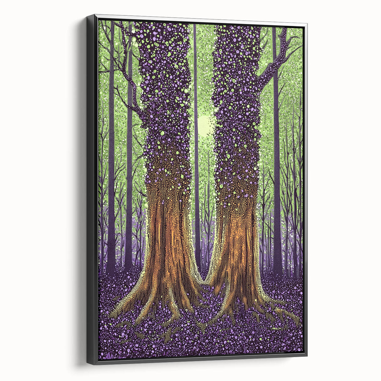 Framed abstract floral canvas artwork showcasing vibrant colors and intricate designs, displayed in a sleek black frame from a side view, ideal for modern home decor.