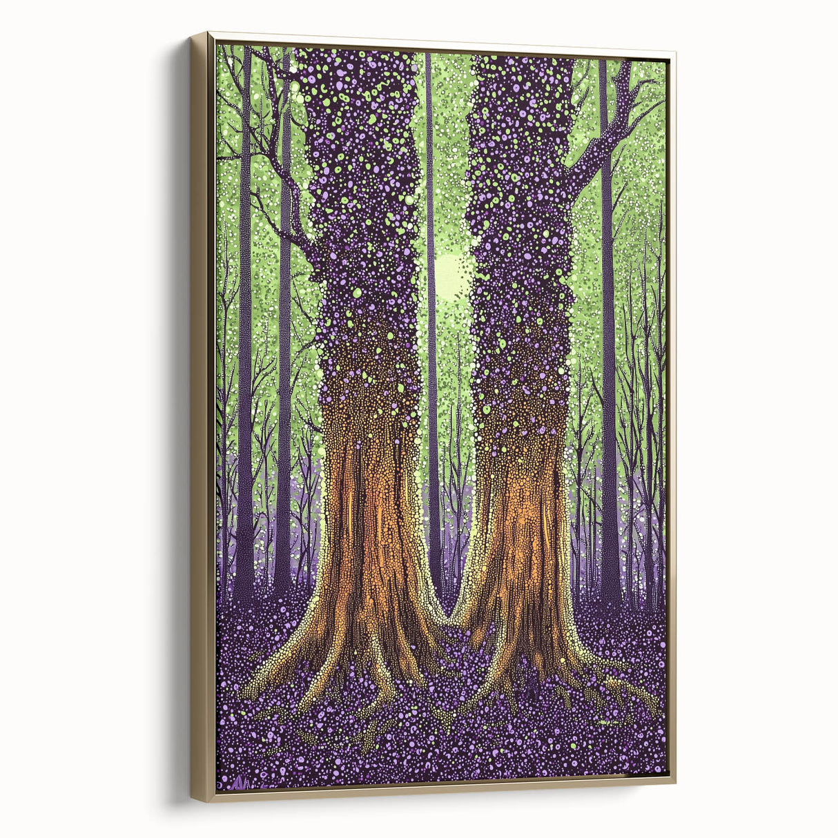 Framed canvas artwork featuring abstract floral designs in vibrant colors, set against a gold frame, showcasing a side view that highlights its elegant presentation. Ideal for modern home decor, this piece adds a touch of sophistication and color to any space.