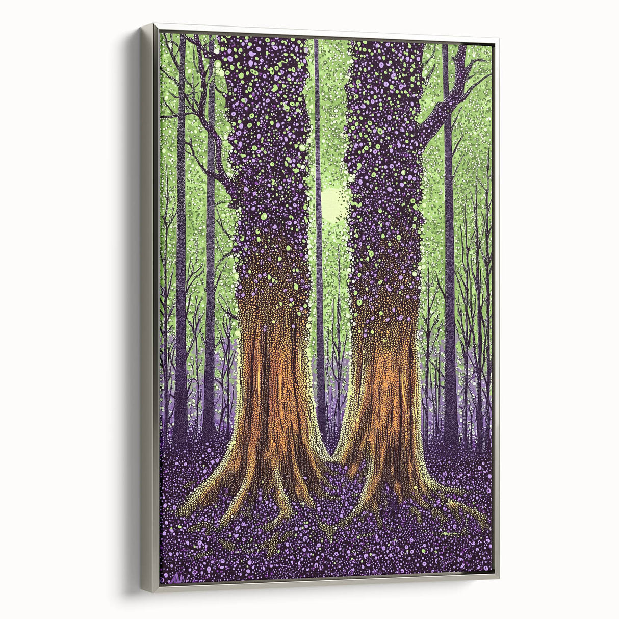 Framed canvas showcasing an abstract floral design with vibrant colors, elegantly bordered in silver, ideal for modern home decor. Perfect for enhancing living spaces.