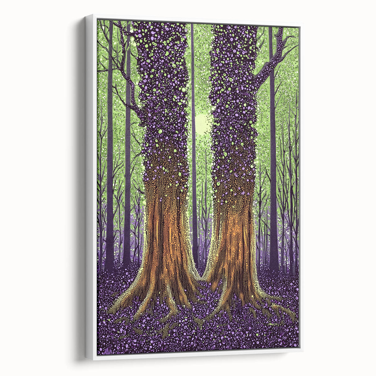 Framed canvas artwork showcasing an abstract floral design with vibrant colors and intricate details, presented in a sleek white frame, ideal for modern decor.