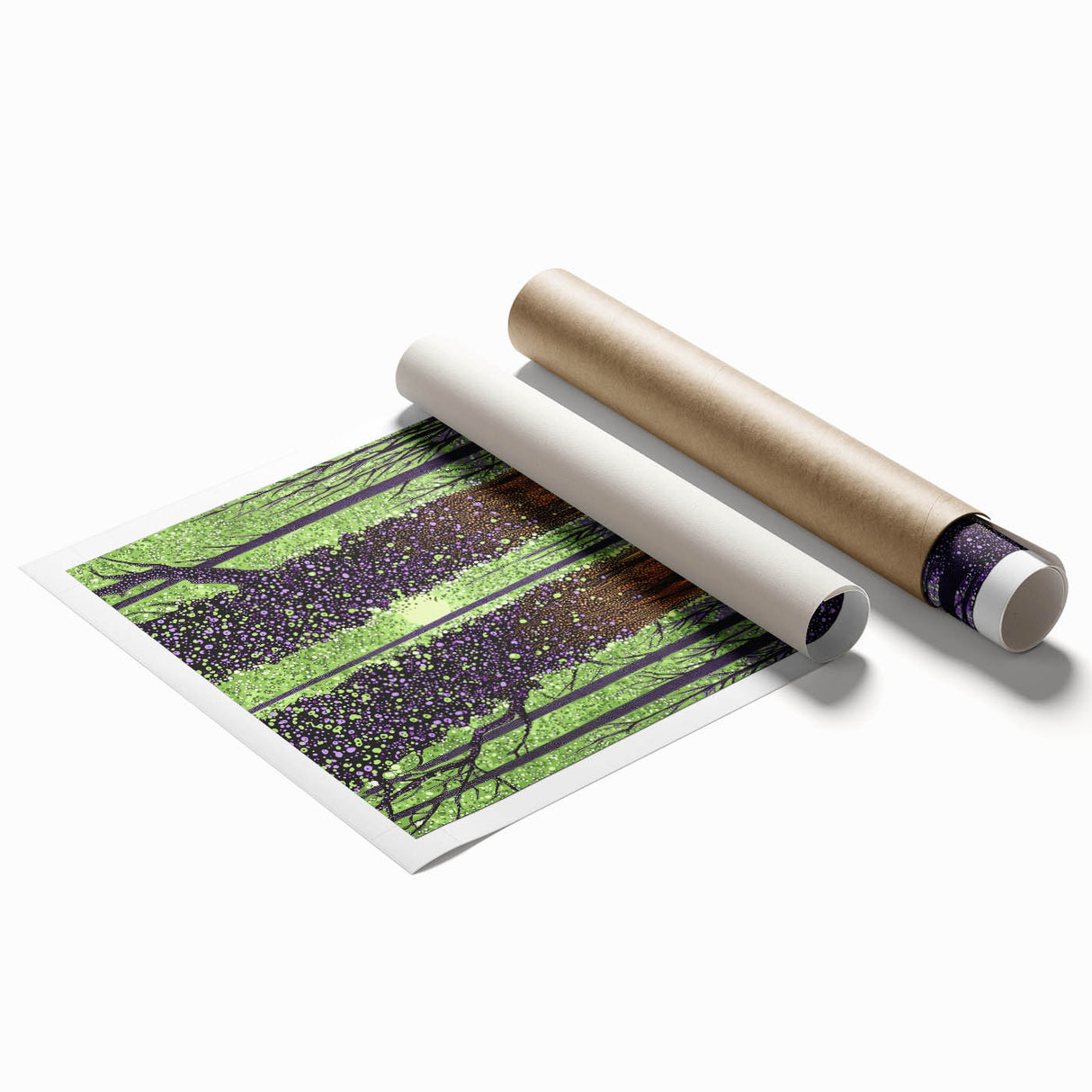 Abstract floral rolled print showcasing vibrant colors and intricate designs, elegantly packaged in a protective cardboard tube, perfect for home decor.
