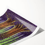 Abstract floral design rolled print featuring vibrant colors like blue, pink, and yellow, showcasing intricate patterns, perfect for home decor or art enthusiasts.