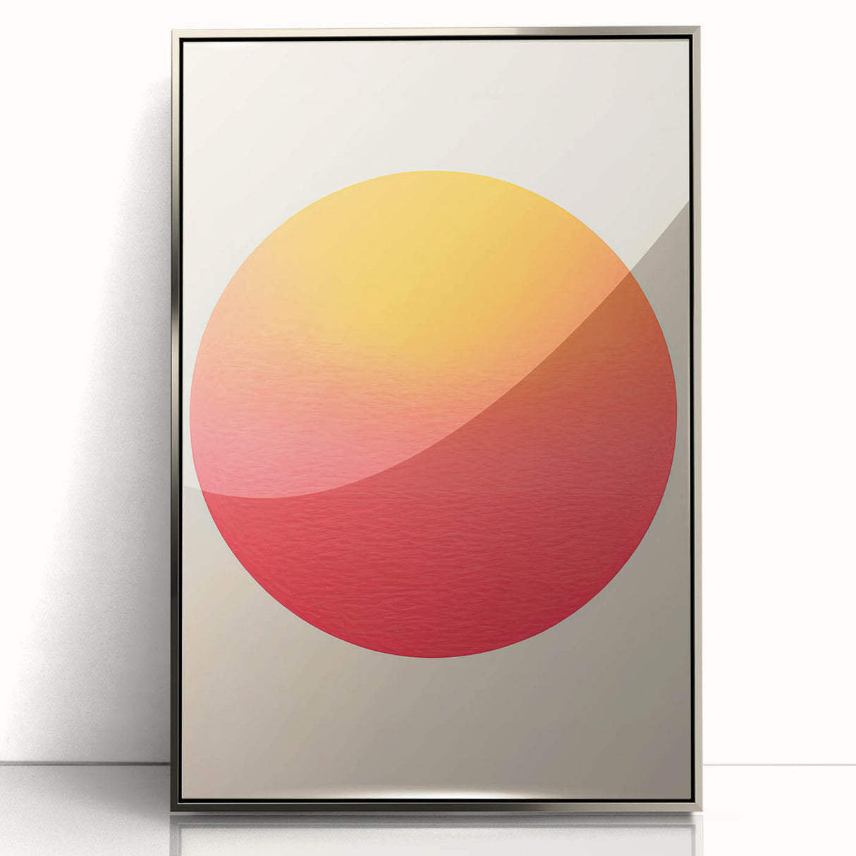 Framed acrylic wall art featuring a modern minimalist design with abstract shapes and a sleek silver frame, ideal for contemporary home decor.
