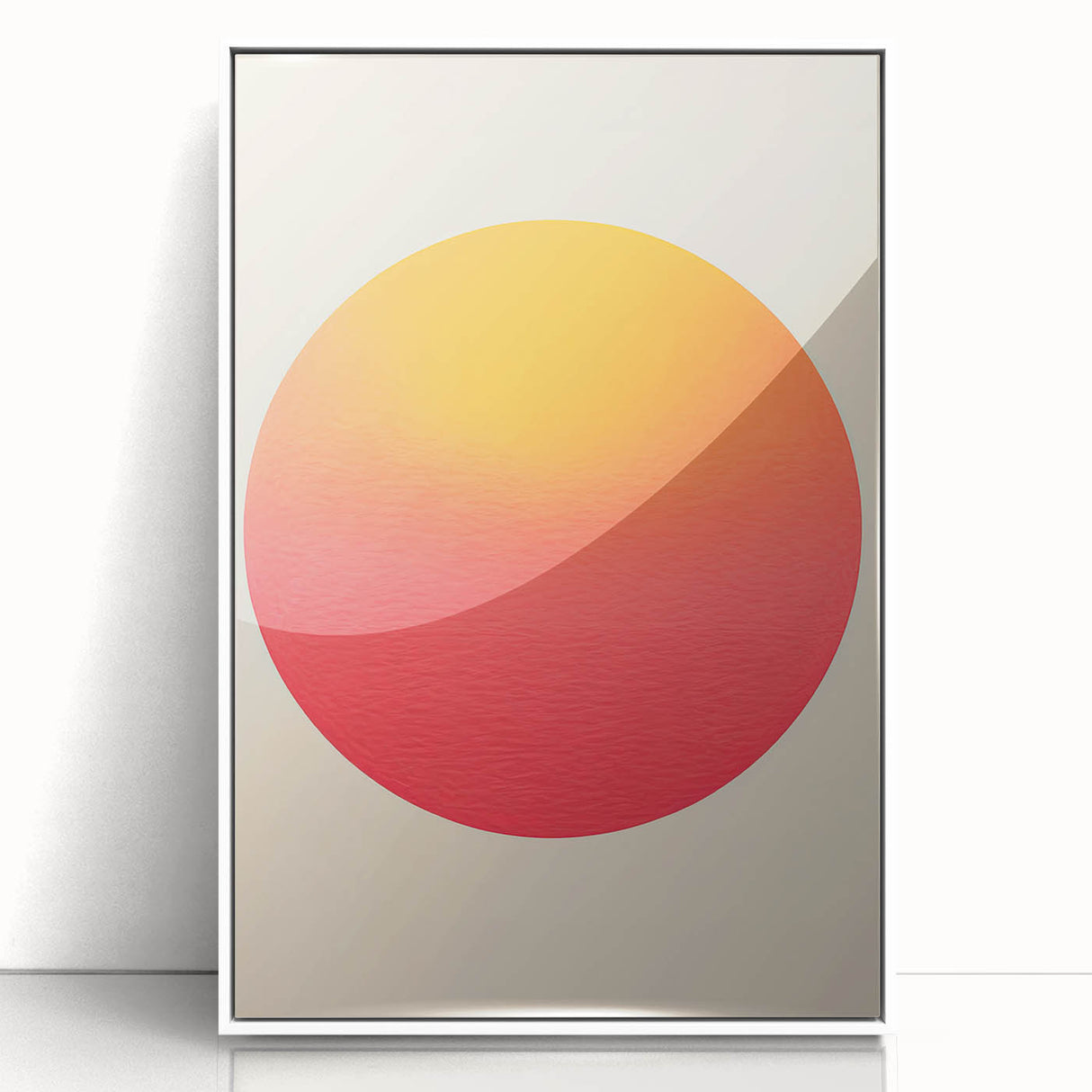 Framed abstract minimalist wall art featuring a white and gray design, displayed from the front with an acrylic frame, ideal for modern home decor.