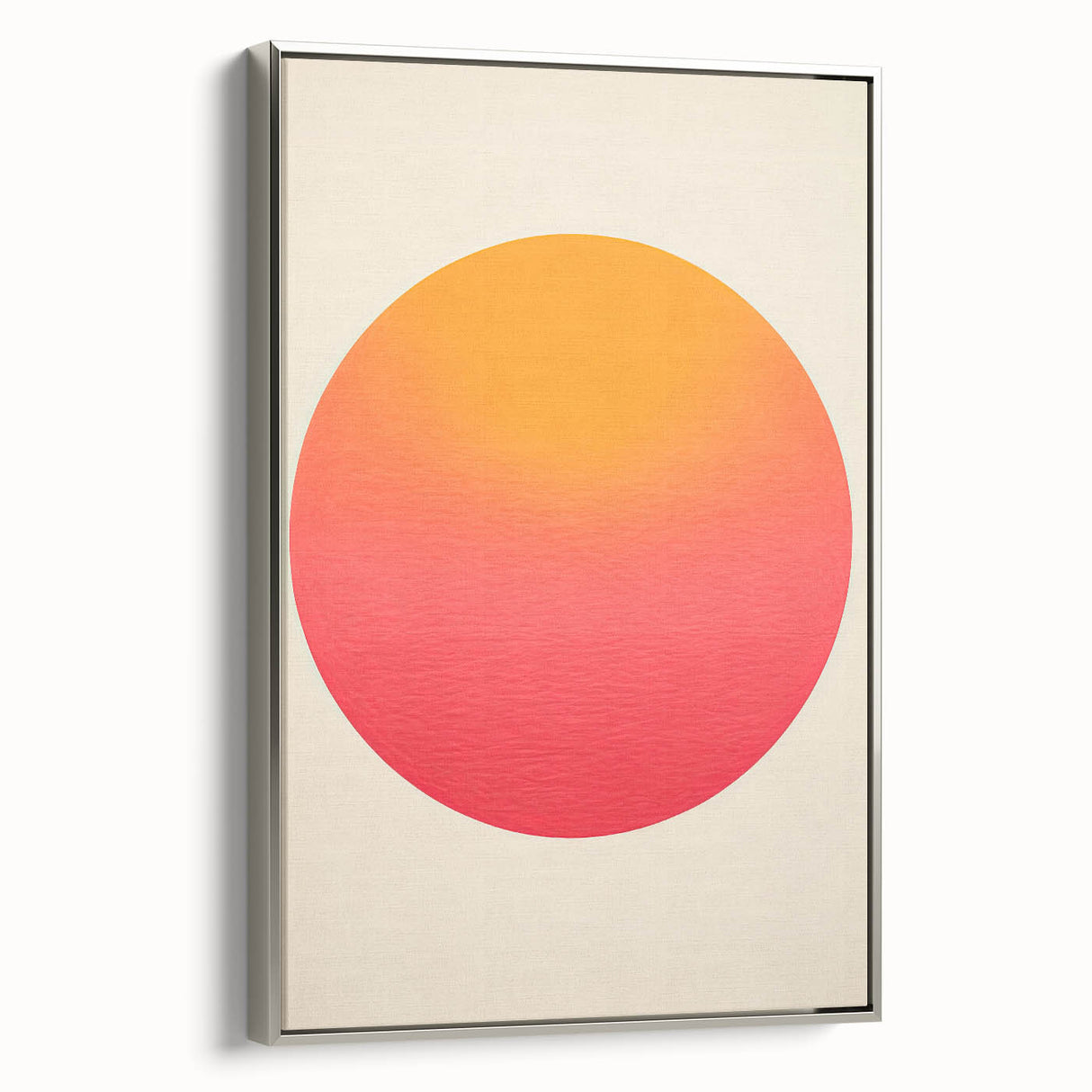 Abstract minimalist wall art framed canvas in silver, showcasing geometric patterns and soft color gradients, ideal for modern home decor. Side view highlights the sleek design and framing details.