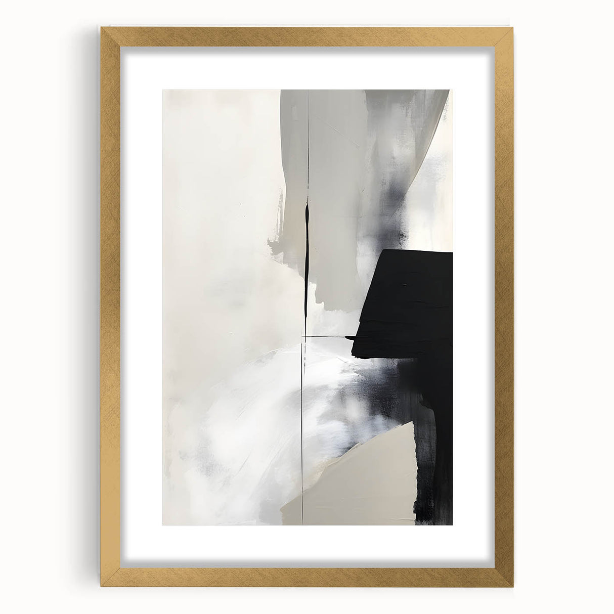 Abstract minimalist wall art framed in gold with a mat, showcasing elegant geometric shapes and soothing neutral tones, perfect for modern decor.