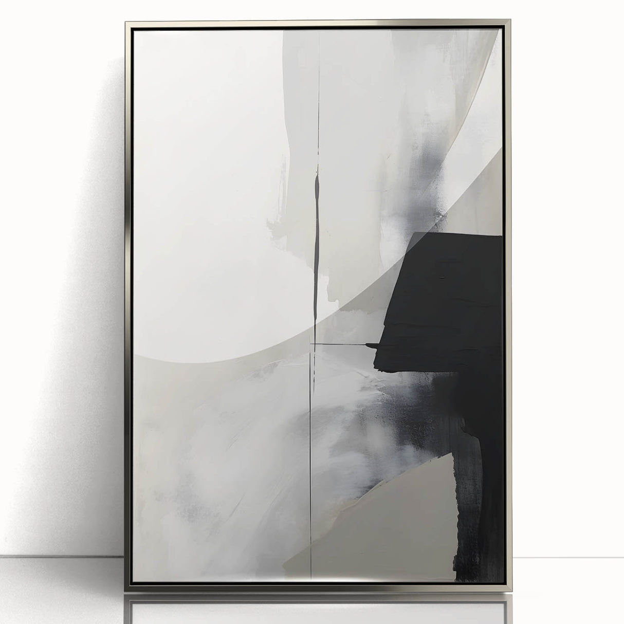 Framed abstract minimalist wall art featuring a silver acrylic front, elegantly designed for modern decor, enhancing any contemporary living space.