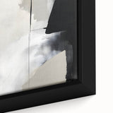 Close-up of an abstract minimalist wall art design featuring soft pastel colors and geometric shapes, elegantly framed in a sleek black frame, perfect for modern decor.