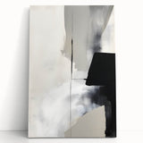 Abstract minimalist wall art on stretched canvas, featuring soft pastel colors and geometric shapes, leaning against a neutral wall, enhancing modern decor.