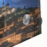 Close-up of an intricate acrylic landscape painting depicting a majestic castle, showcasing vibrant colors and detailed textures set against a serene backdrop. Perfect for home decor enthusiasts seeking elegant artwork.