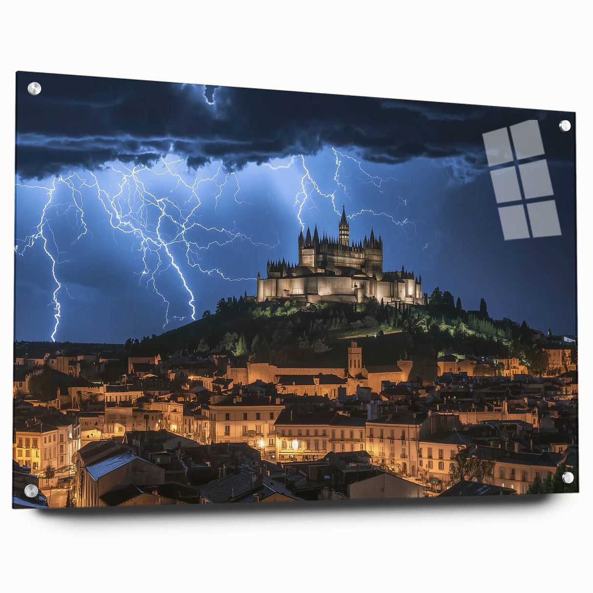 Acrylic glass artwork showcasing a stunning landscape featuring a majestic castle, displayed in a side view with decorative pins, perfect for enhancing home decor.