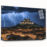 Acrylic glass artwork showcasing a stunning landscape featuring a majestic castle, displayed in a side view with decorative pins, perfect for enhancing home decor.