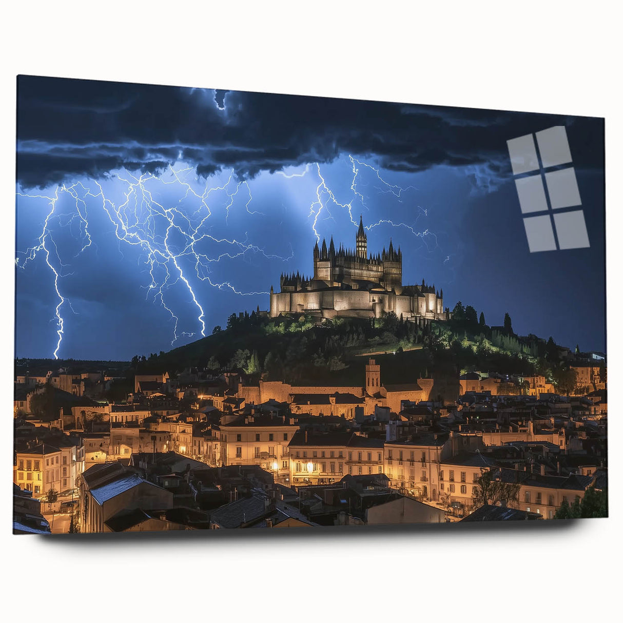Acrylic glass artwork showcasing a stunning side view of a colorful landscape with a majestic castle, highlighting rich details and vibrant colors, perfect for home decor.