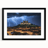 Elegant black-framed landscape artwork showcasing a picturesque castle surrounded by lush greenery, perfect for enhancing home or office decor. Features a classic mat for an upscale presentation.