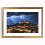 Elegant gold-framed landscape artwork depicting a majestic castle surrounded by lush greenery, featuring a classic mat design that enhances its aesthetic appeal.