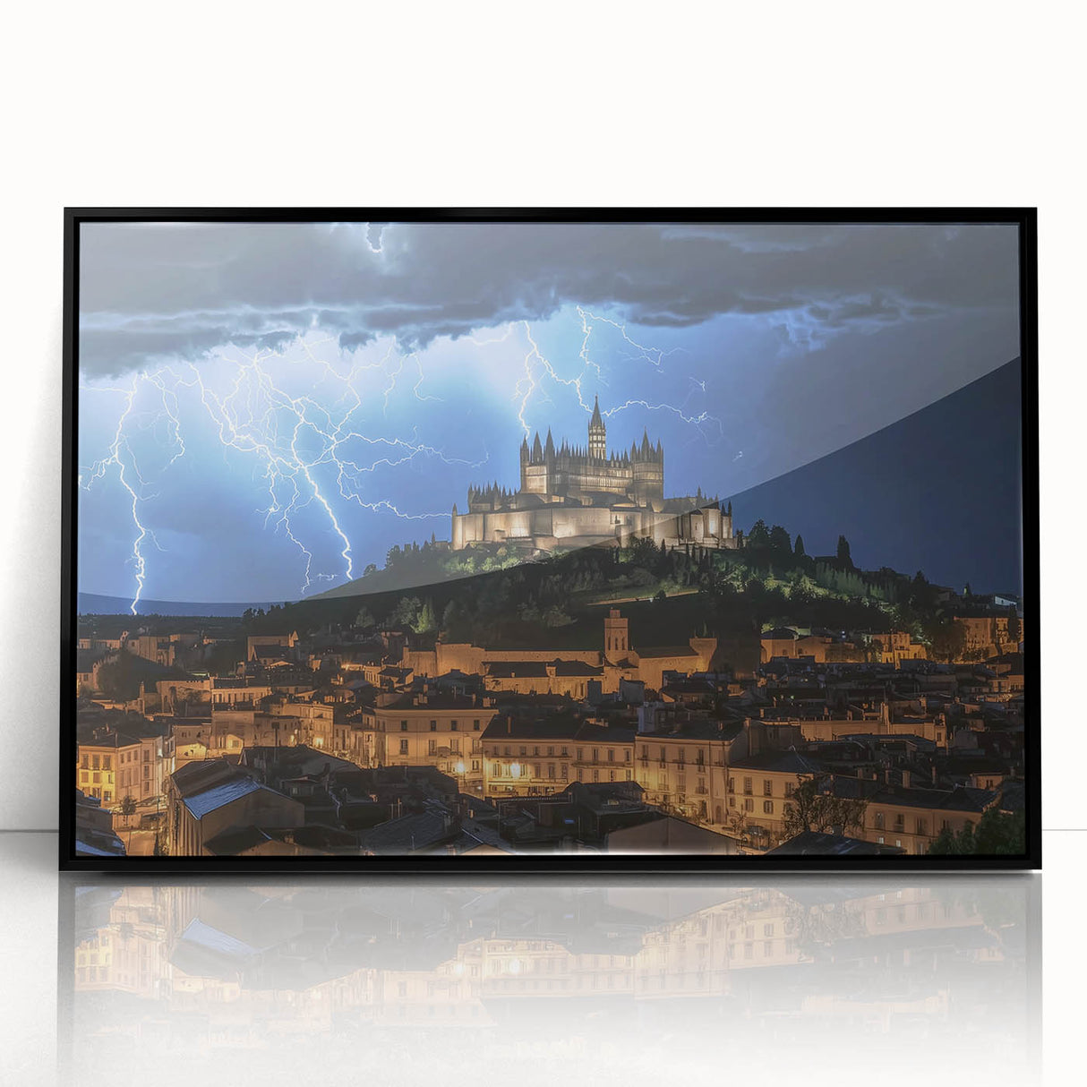 Framed acrylic artwork showcasing a stunning landscape with a medieval castle, presented in a sleek black frame, ideal for enhancing home décor or office aesthetics.