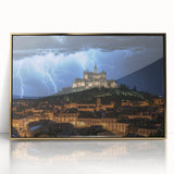 Framed acrylic artwork depicting a serene landscape with a majestic castle set against a vibrant sunset, elegantly showcased in a gold frame for a luxurious touch.