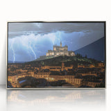 Framed acrylic artwork of a picturesque landscape with a majestic castle, set against a vibrant blue sky, showcasing intricate details and a silver frame. Perfect for home decor.