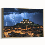 Framed canvas artwork showcasing a scenic landscape with a medieval castle, highlighted by gold framing, ideal for enhancing home decor with artistic elegance.
