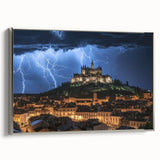 Framed canvas artwork depicting a serene landscape with a majestic castle, showcasing silver accents and a side view perspective, perfect for elegant home decor.