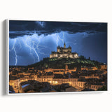 Framed canvas artwork showcasing a stunning landscape with a majestic castle, featuring vibrant colors and intricate details, ideal for home decor.