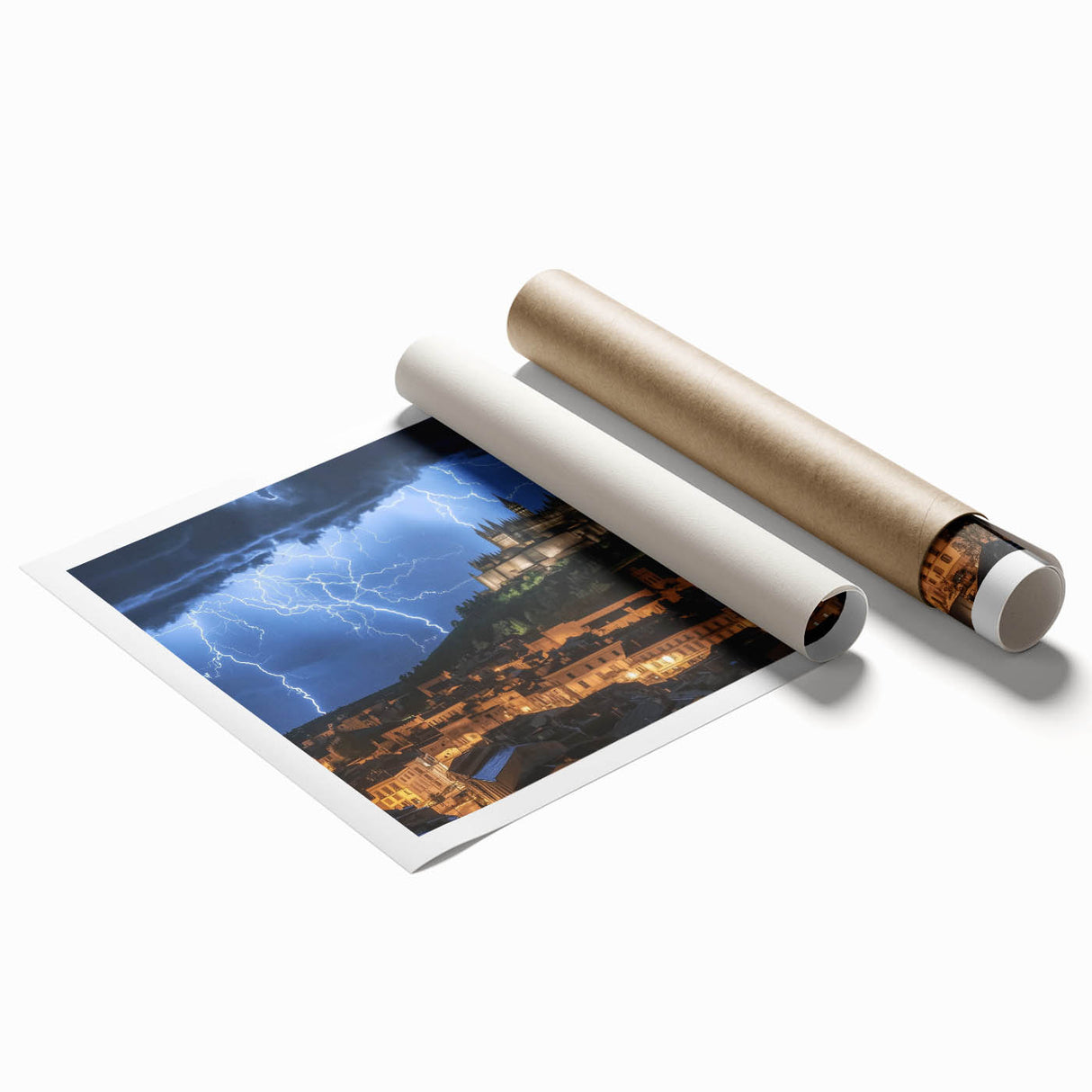 Scenic rolled print depicting a stunning landscape featuring a majestic castle surrounded by lush greenery and a serene sky, ideal for home decor.