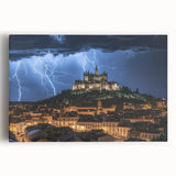 Stretched canvas artwork depicting a scenic landscape with a grand castle surrounded by lush greenery and a vibrant sky, ideal for home decor enthusiasts.
