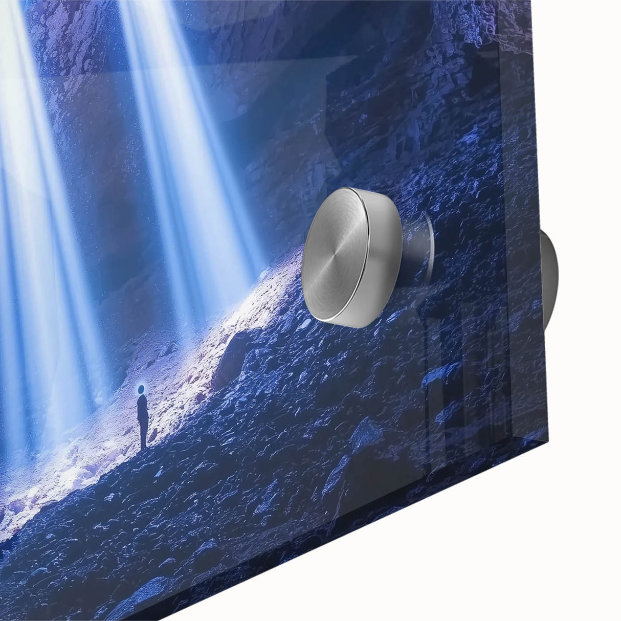 Close-up of an abstract acrylic glass artwork depicting colorful landscapes and caves, showcasing unique textures and vibrant hues, ideal for modern decor.