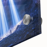 Close-up of an abstract acrylic glass artwork depicting colorful landscapes and caves, showcasing unique textures and vibrant hues, ideal for modern decor.