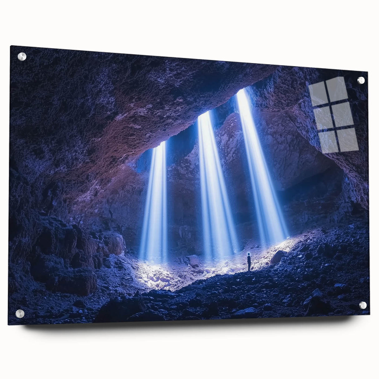 Acrylic glass artwork depicting a vibrant landscape with intricate cave elements, showcasing rich colors and depth. Ideal for modern home decor and artistic displays.