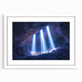 Framed landscape artwork showcasing a scenic cave view, featuring a white mat and sleek frame design, ideal for enhancing contemporary home decor.