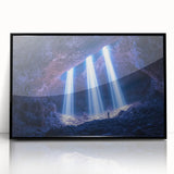 Framed acrylic artwork of a serene cave landscape, showcasing intricate details and vibrant colors, set against a sleek black frame for modern decor. Perfect for nature lovers.