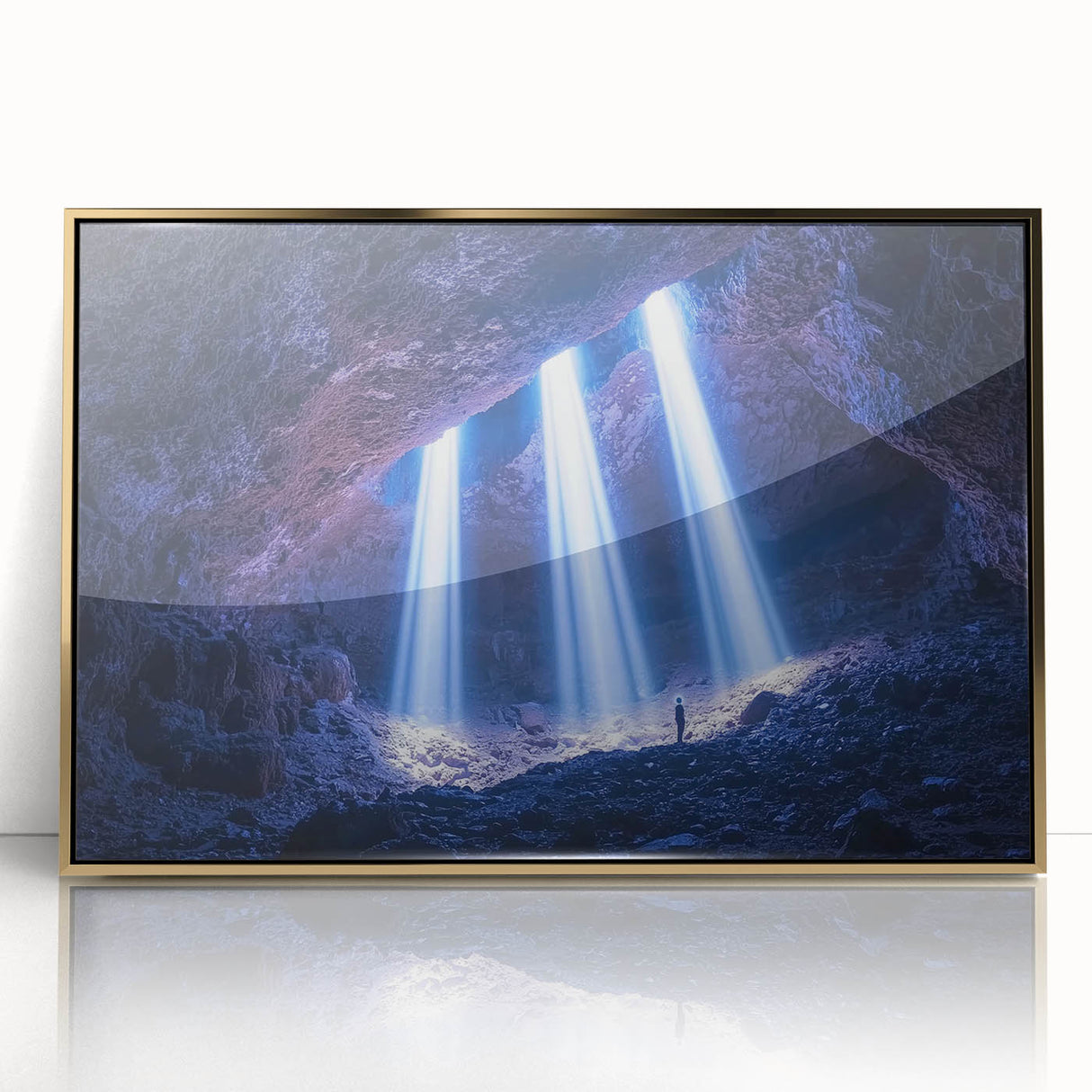 Framed acrylic artwork depicting serene landscapes with caves, featuring gold accents. Perfect for enhancing modern decor with a touch of nature's beauty.