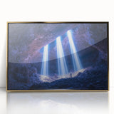 Framed acrylic artwork depicting serene landscapes with caves, featuring gold accents. Perfect for enhancing modern decor with a touch of nature's beauty.