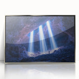 Framed acrylic artwork depicting a serene landscape with intricate cave formations, featuring a silver border. Ideal for modern home decor and art enthusiasts.