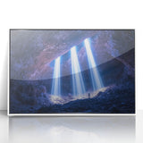 Framed acrylic artwork showcasing a stunning landscape with intricate cave details, displayed on a white background, perfect for modern home decor.