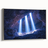 Framed canvas artwork depicting a serene cave landscape with intricate details, featuring a silver frame that enhances the visual appeal and adds elegance.