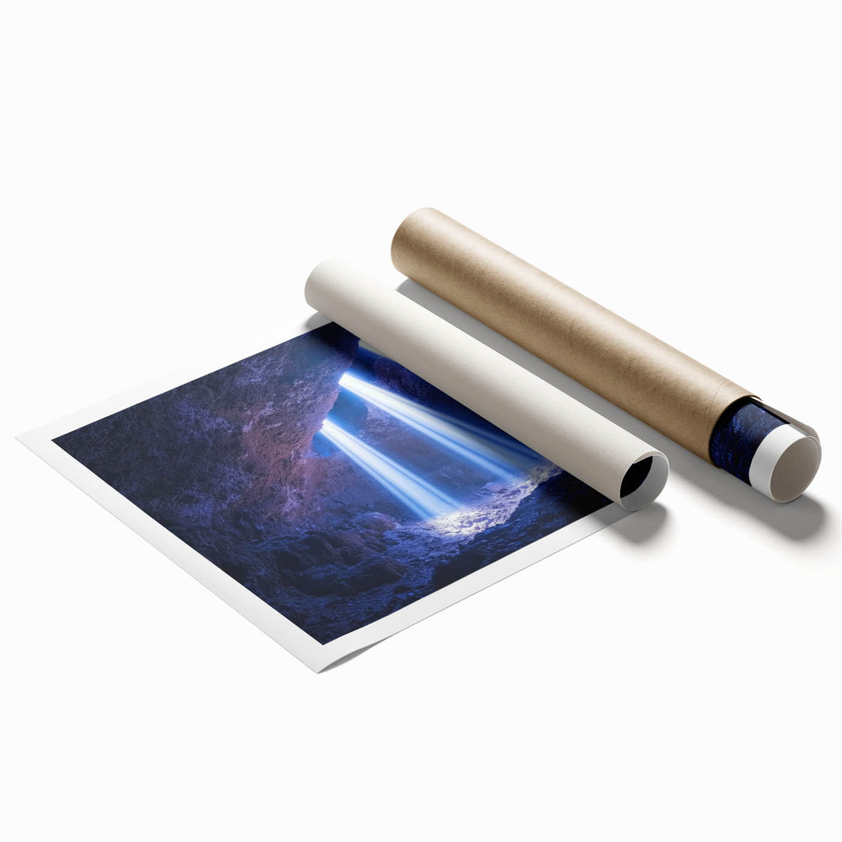 Abstract landscape artwork showcasing vibrant colors and intricate cave formations, rolled and ready for display. Ideal for modern home decor, this print adds a touch of nature-inspired elegance to any room setting.