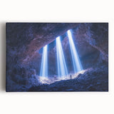 Stretched canvas artwork depicting a serene landscape with dramatic cave formations, showcasing rich earthy tones and intricate details, perfect for home decor.