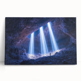 Vibrant stretched canvas artwork depicting a serene landscape with intricate cave formations, showcasing rich earth tones and dramatic textures, perfect for home decor.