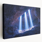 Stretched canvas artwork depicting a serene landscape with caves, showcasing earthy tones and intricate details, ideal for enhancing home decor aesthetics.